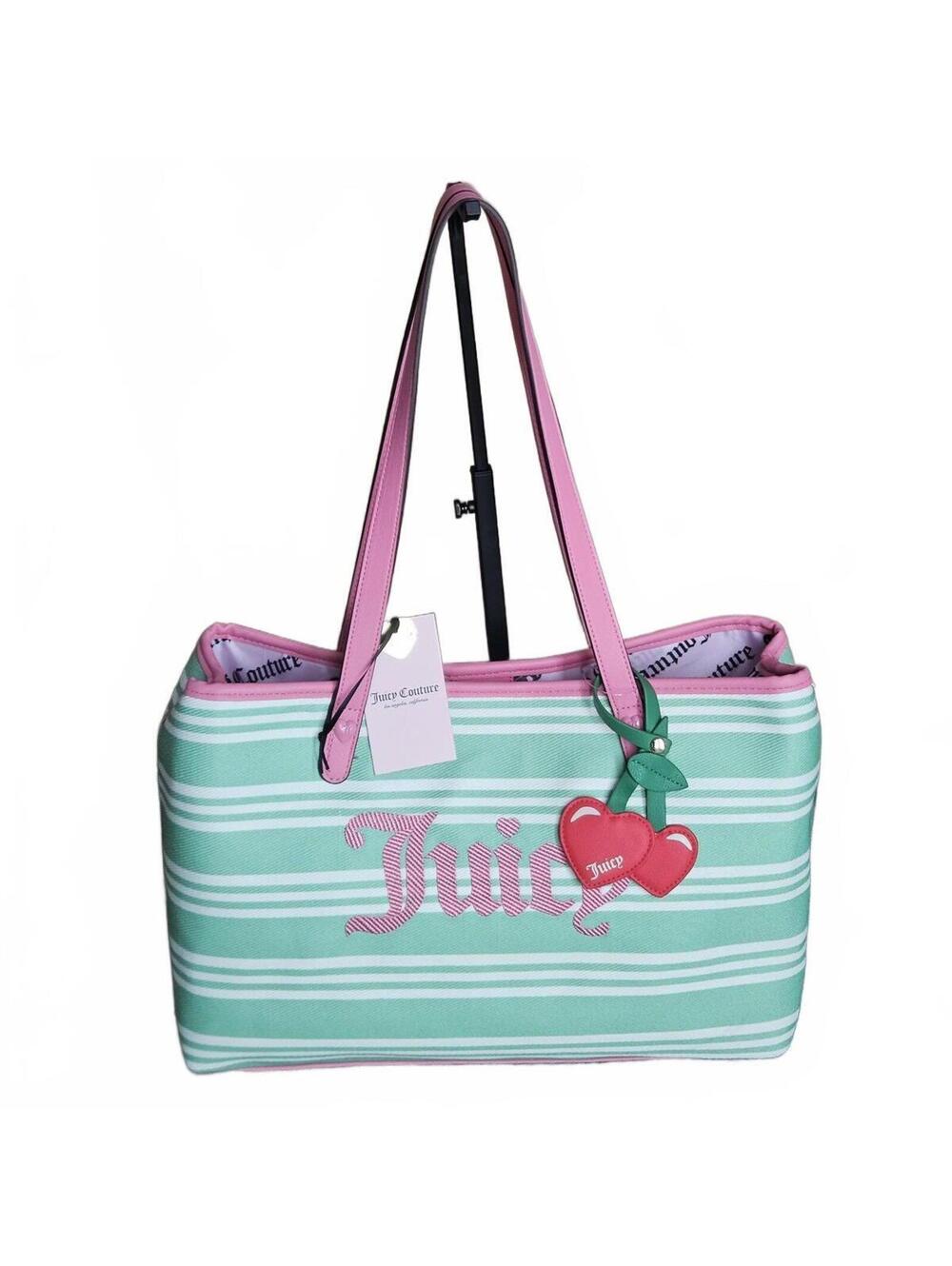 Juicy Couture Juicy Paradise Tote Retro Green White Pink Cherry Stripe Bag NWT